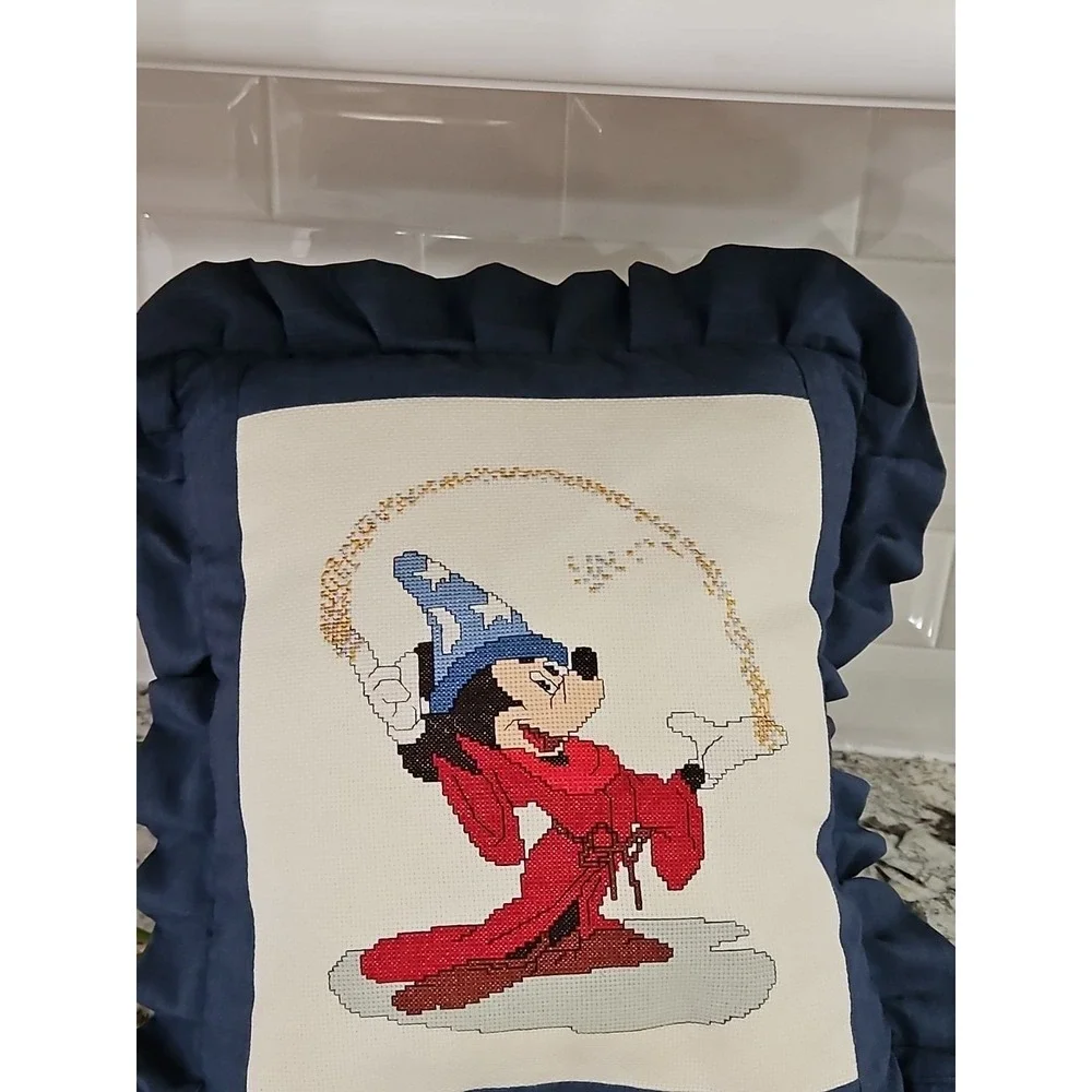Vintage Socerer Disney's Mickey Mouse Cross Stitch Accent Pillow BEAUTIFUL